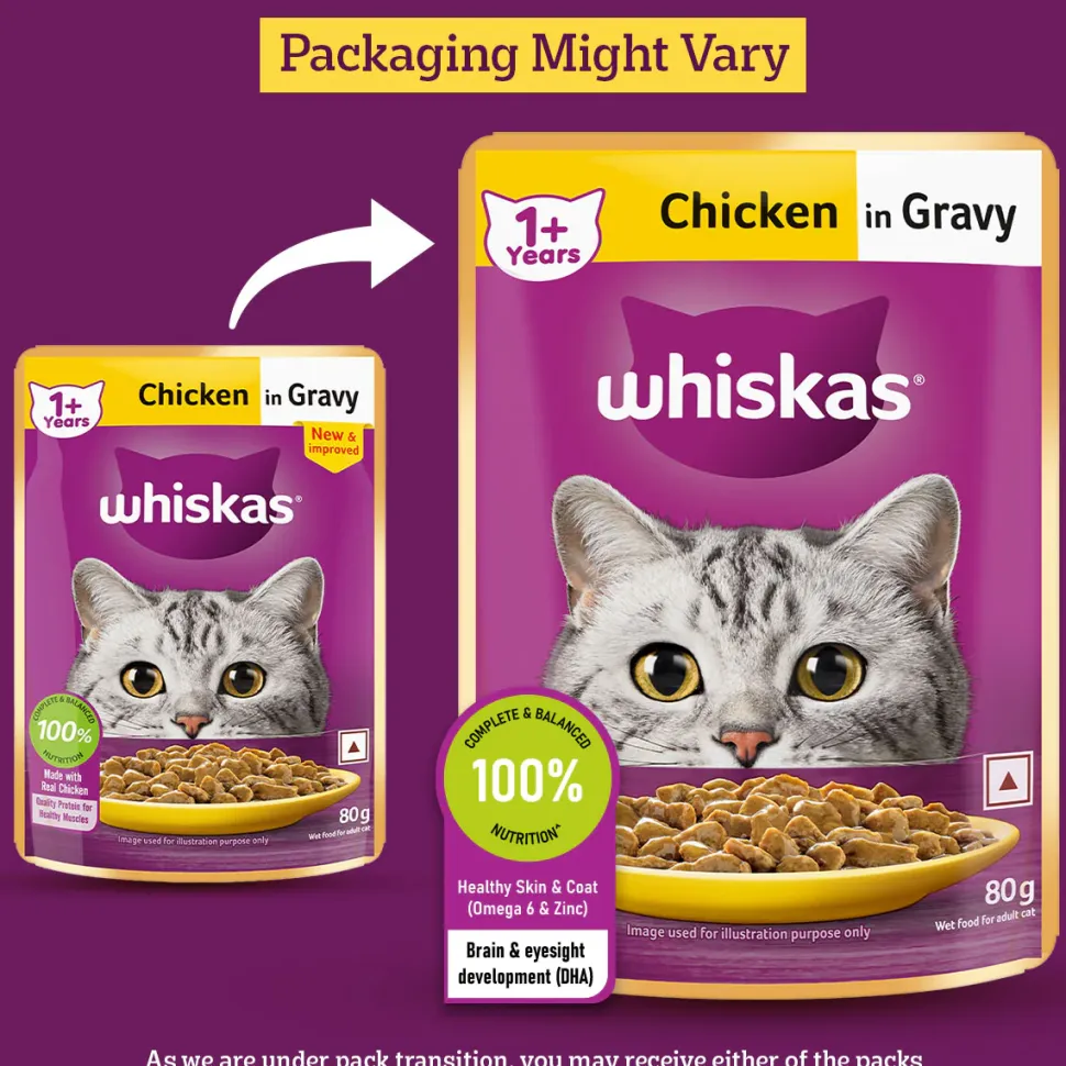 Whiskas Adult (1+ Years) Chicken in Gravy Wet Cat Food - 80 gm Pack