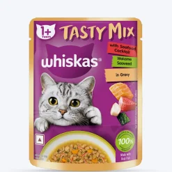 Whiskas Tasty Mix Wet Food Made With Real Fish (Seafood Cocktail & Wakame Seaweed) in Gravy For Adult (1+ year) Cat - 70 gm Pack