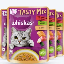 Whiskas Tasty Mix Wet Food Made With Real Fish (Seafood Cocktail & Wakame Seaweed) in Gravy For Adult (1+ year) Cat - 70 gm Pack