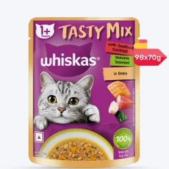Whiskas Tasty Mix Wet Food Made With Real Fish (Seafood Cocktail & Wakame Seaweed) in Gravy For Adult (1+ year) Cat - 70 gm Pack