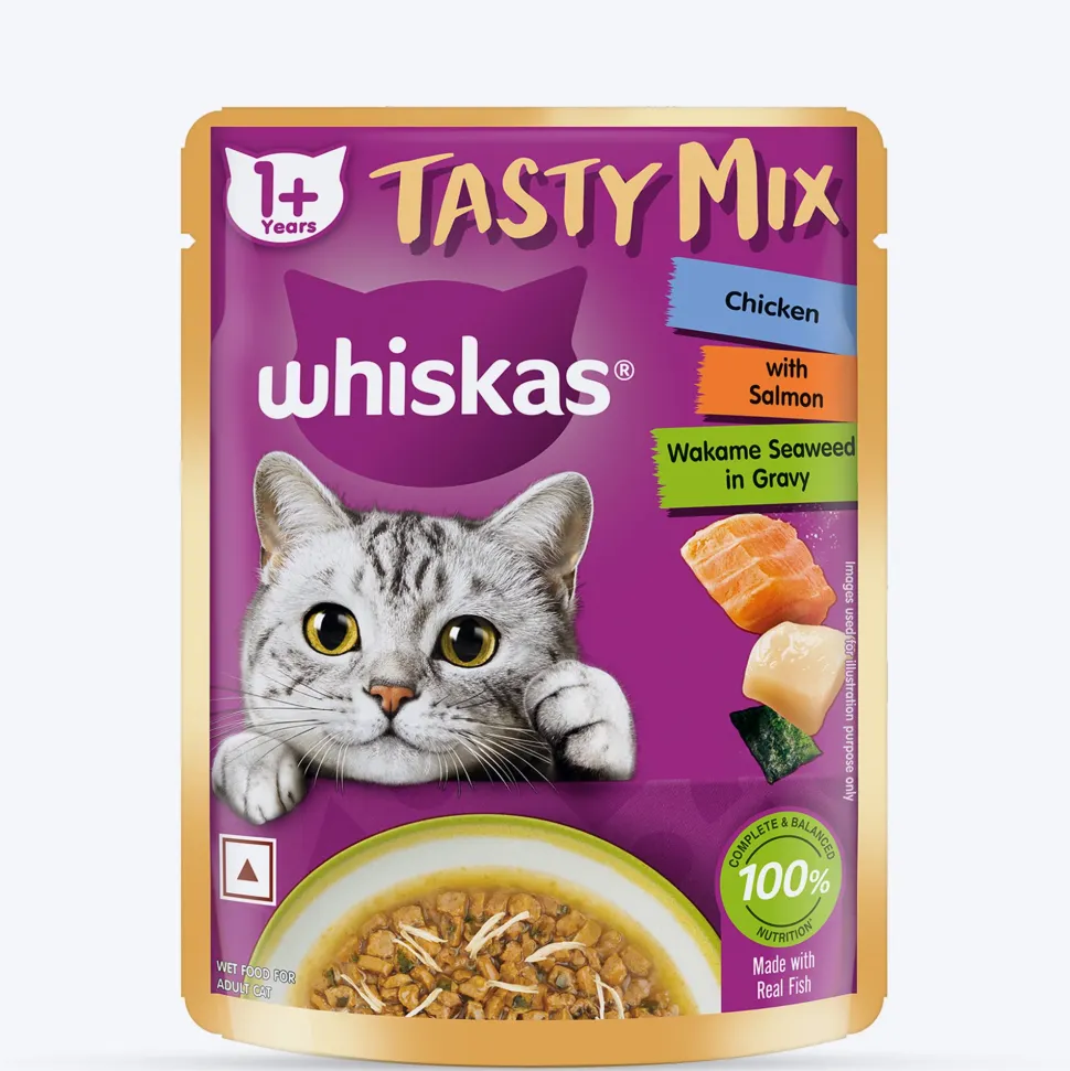 Whiskas Tasty Mix Wet Food Made With Real Fish (Salmon & Wakame Seaweed) With Chicken in Gravy For Adult (1+ year) Cat - 70 gm Pack