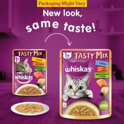 Whiskas Tasty Mix Wet Food Made With Real Fish (Salmon & Wakame Seaweed) With Chicken in Gravy For Adult (1+ year) Cat - 70 gm Pack