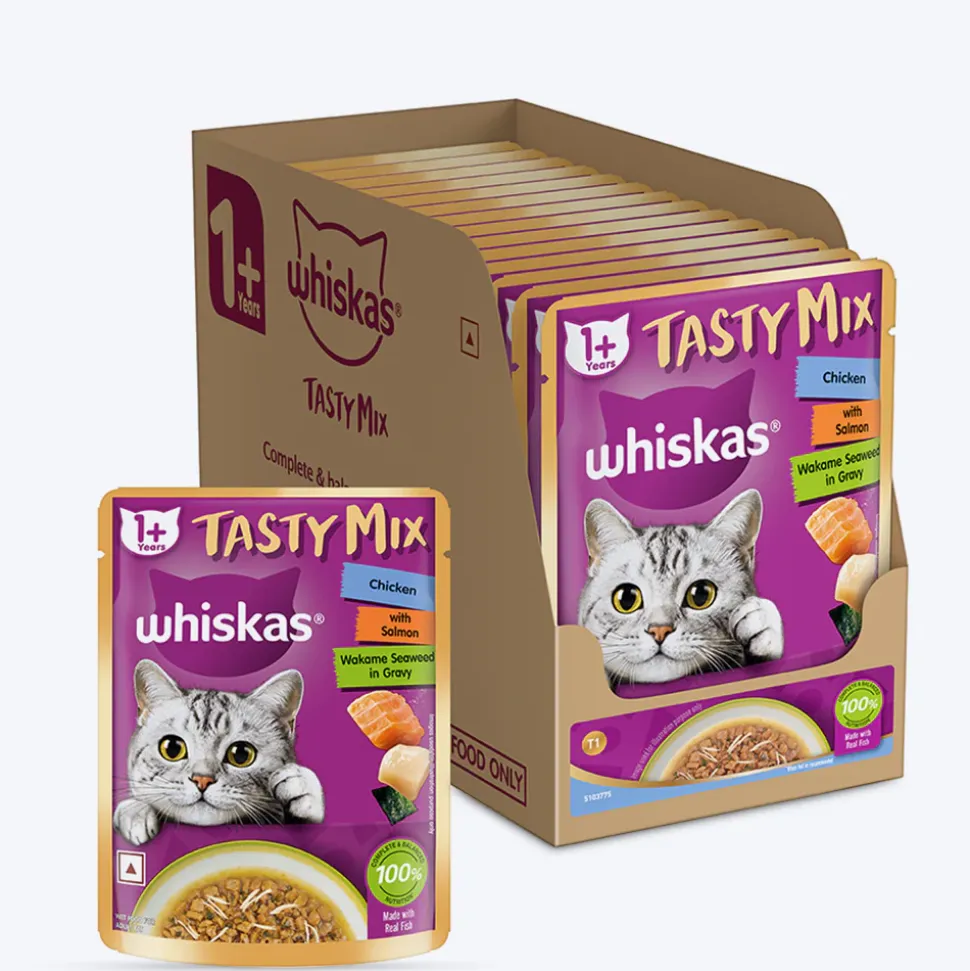Whiskas Tasty Mix Wet Food Made With Real Fish (Salmon & Wakame Seaweed) With Chicken in Gravy For Adult (1+ year) Cat - 70 gm Pack