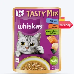 Whiskas Tasty Mix Wet Food Made With Real Fish (Salmon & Wakame Seaweed) With Chicken in Gravy For Adult (1+ year) Cat - 70 gm Pack