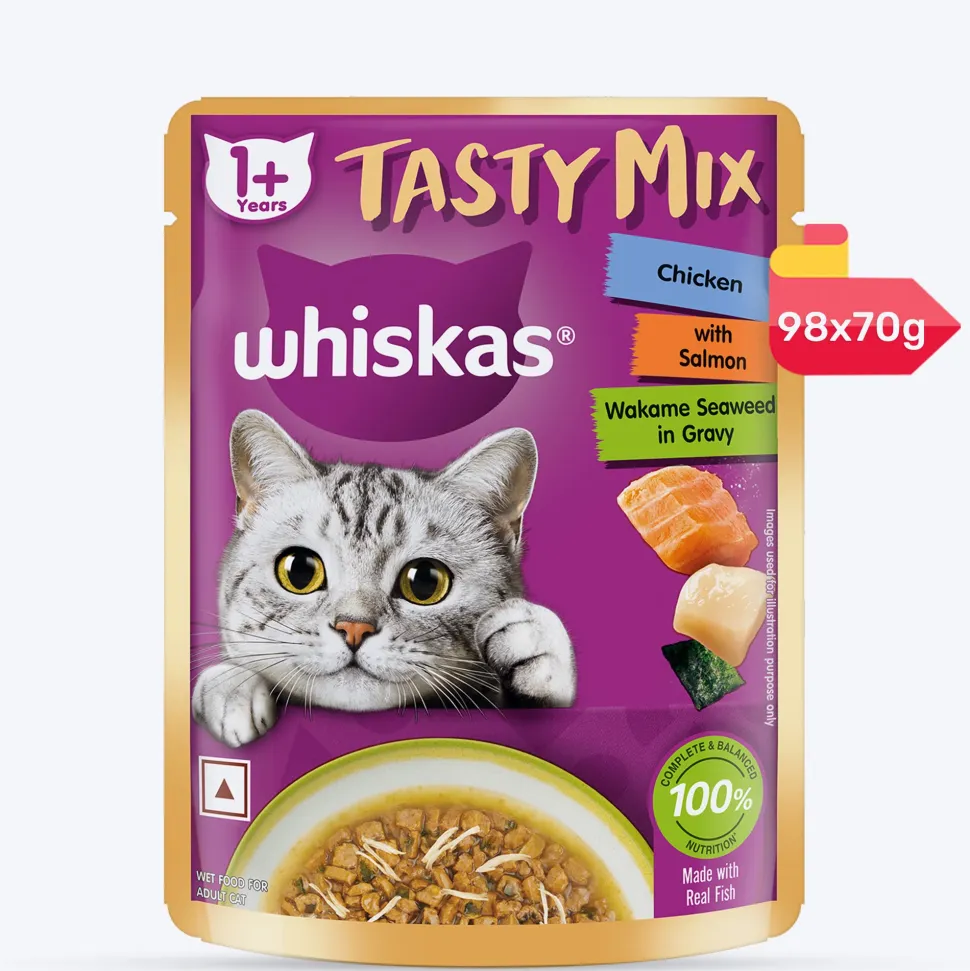 Whiskas Tasty Mix Wet Food Made With Real Fish (Salmon & Wakame Seaweed) With Chicken in Gravy For Adult (1+ year) Cat - 70 gm Pack