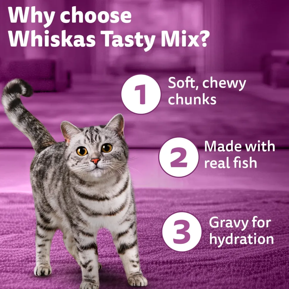 Whiskas Tasty Mix Wet Food Made With Real Fish (Salmon & Wakame Seaweed) With Chicken in Gravy For Adult (1+ year) Cat - 70 gm Pack