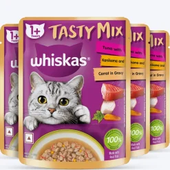 Whiskas Tasty Mix Wet Food Made With Real Fish (Tuna & Kanikama), And Carrot in Gravy For Adult (1+ year) Cat - 70 gm Pack